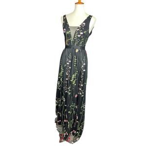 Black Floral Embroidered Mesh Overlay Dress Sheer Dainty Whimsy Goth Fairy